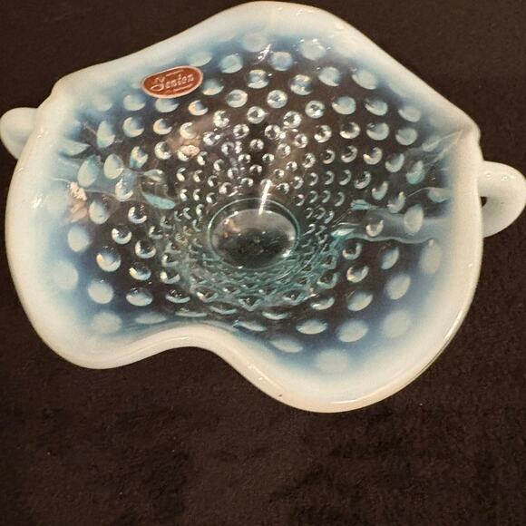 Fenton Blue Opalescent Hobnail Small Rim Double Handle Dish - Picture 2 of 6